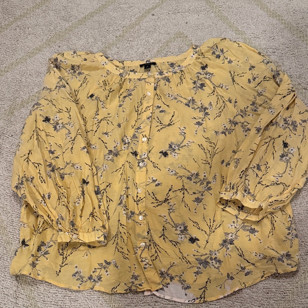 Ann Taylor Factory Yellow Floral Cottagecore Blouse Puff Sleeve Button Front XL